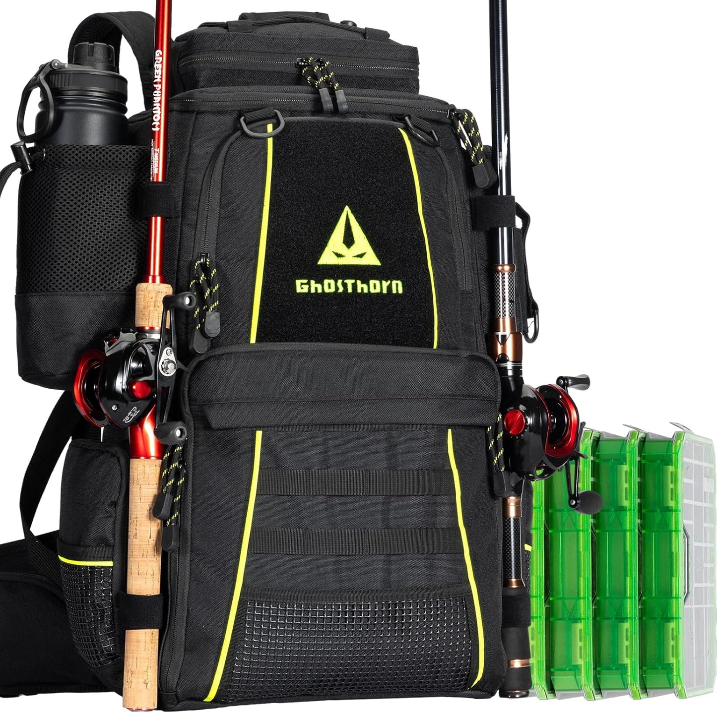 Ghosthorn Fishing Tackle Backpack with 4 Tackle Boxes and Rod Holder