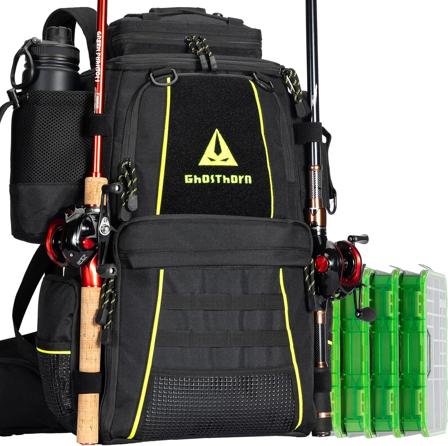 Ghosthorn Fishing Tackle Backpack with 4 Tackle Boxes and Rod Holder