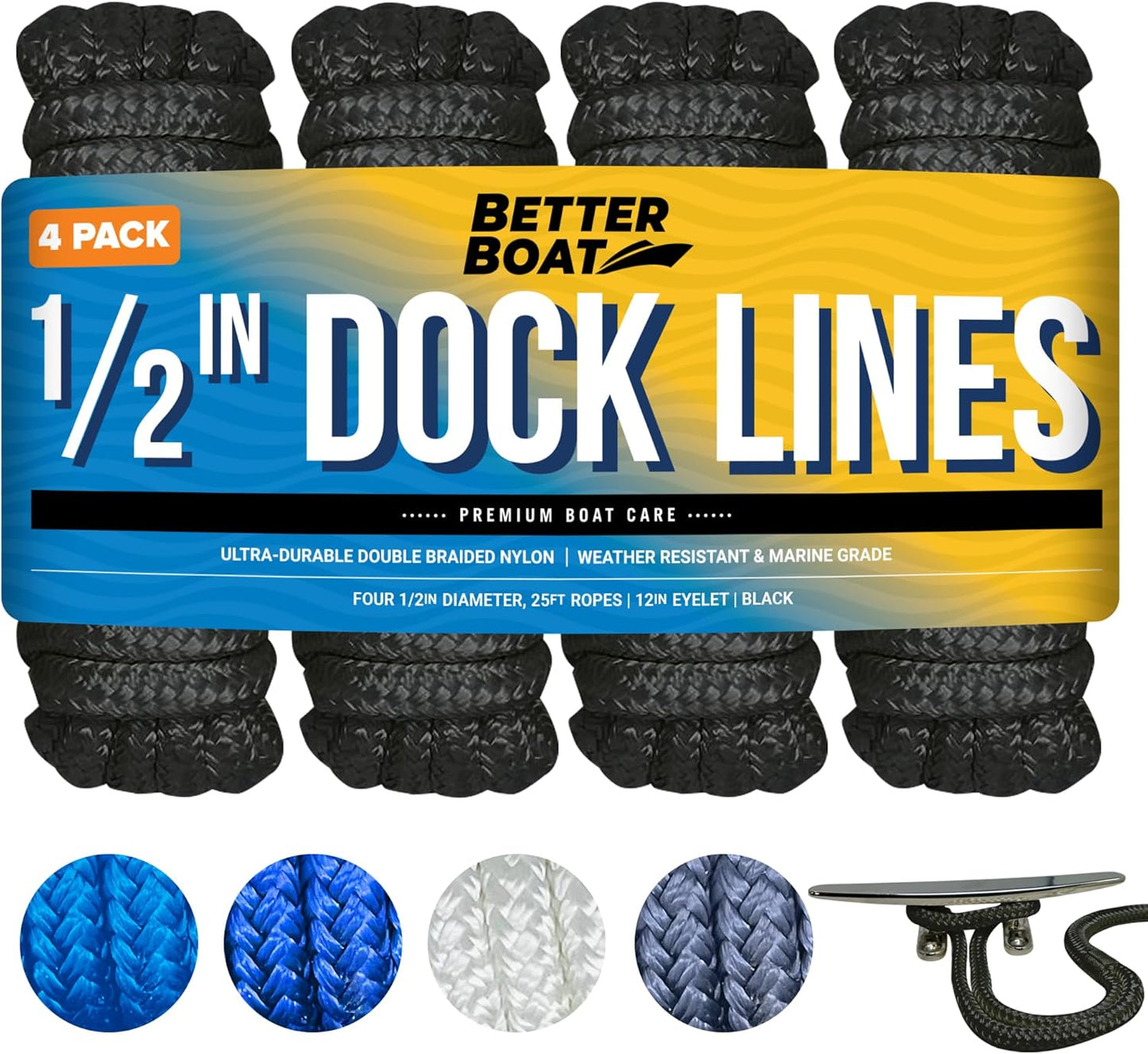 Boat Dock Lines, 1/2 Inch Braided Nylon Rope for Mooring