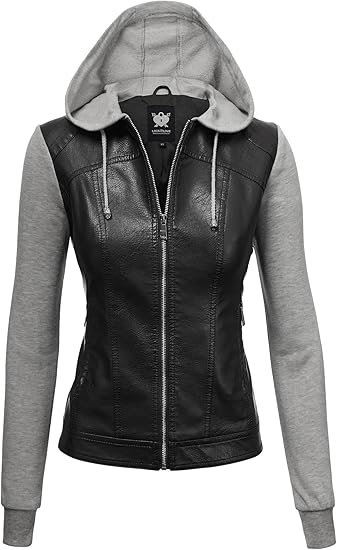 Lock and Love Women's Removable Hooded Faux Leather Jacket Moto