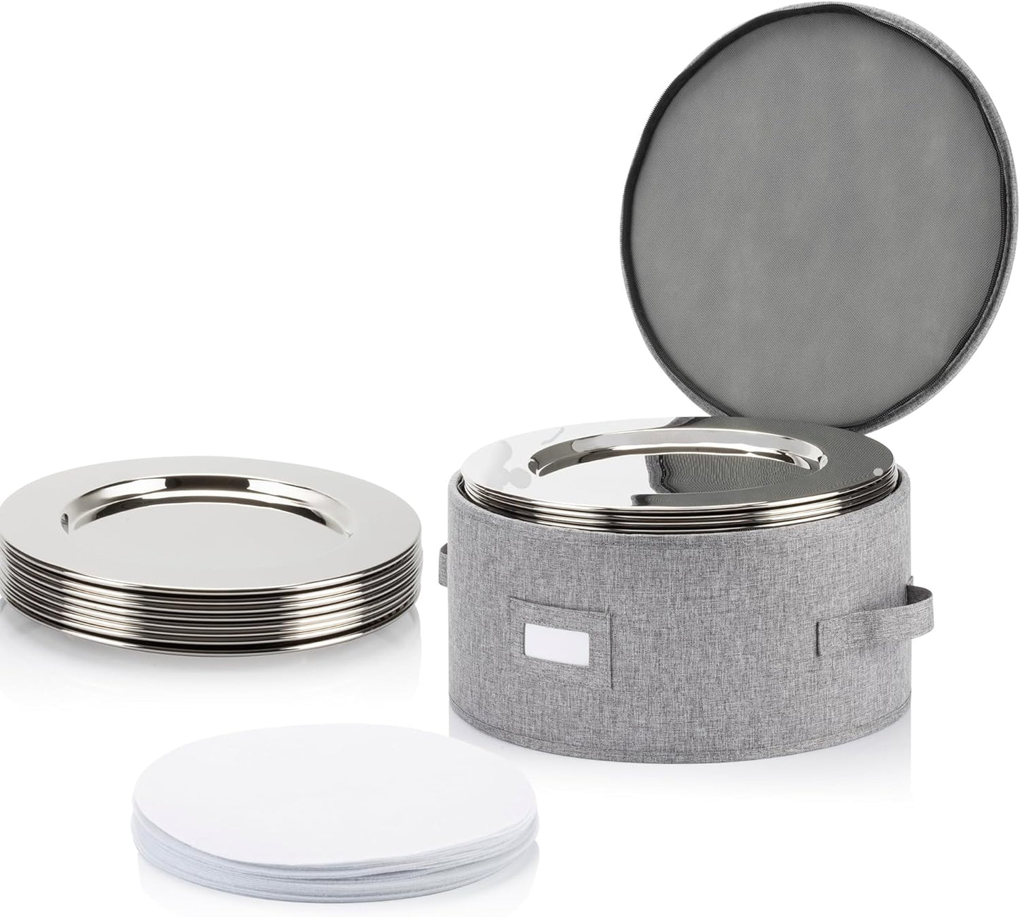 STOZU Charger Plate Storage: 13 Hard Shell Container, Stackable & Padded, 12 Felt Dividers - Organize Platters & Serving Dishes