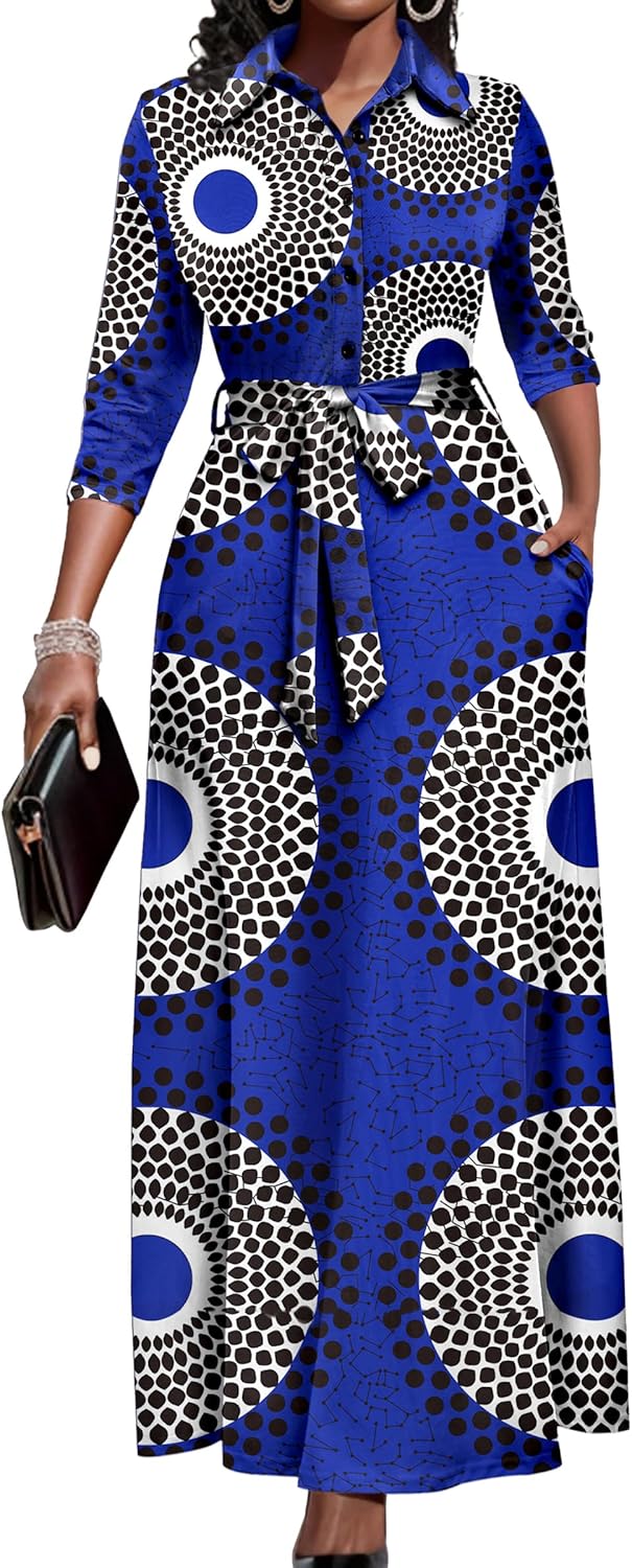 Runwind Women Church Maxi Dresses 3/4 Sleeve Button Down Print