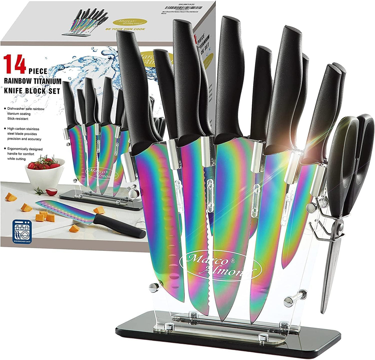 Marco Almond 14-Piece Rainbow Color Stainless Steel Knife Set