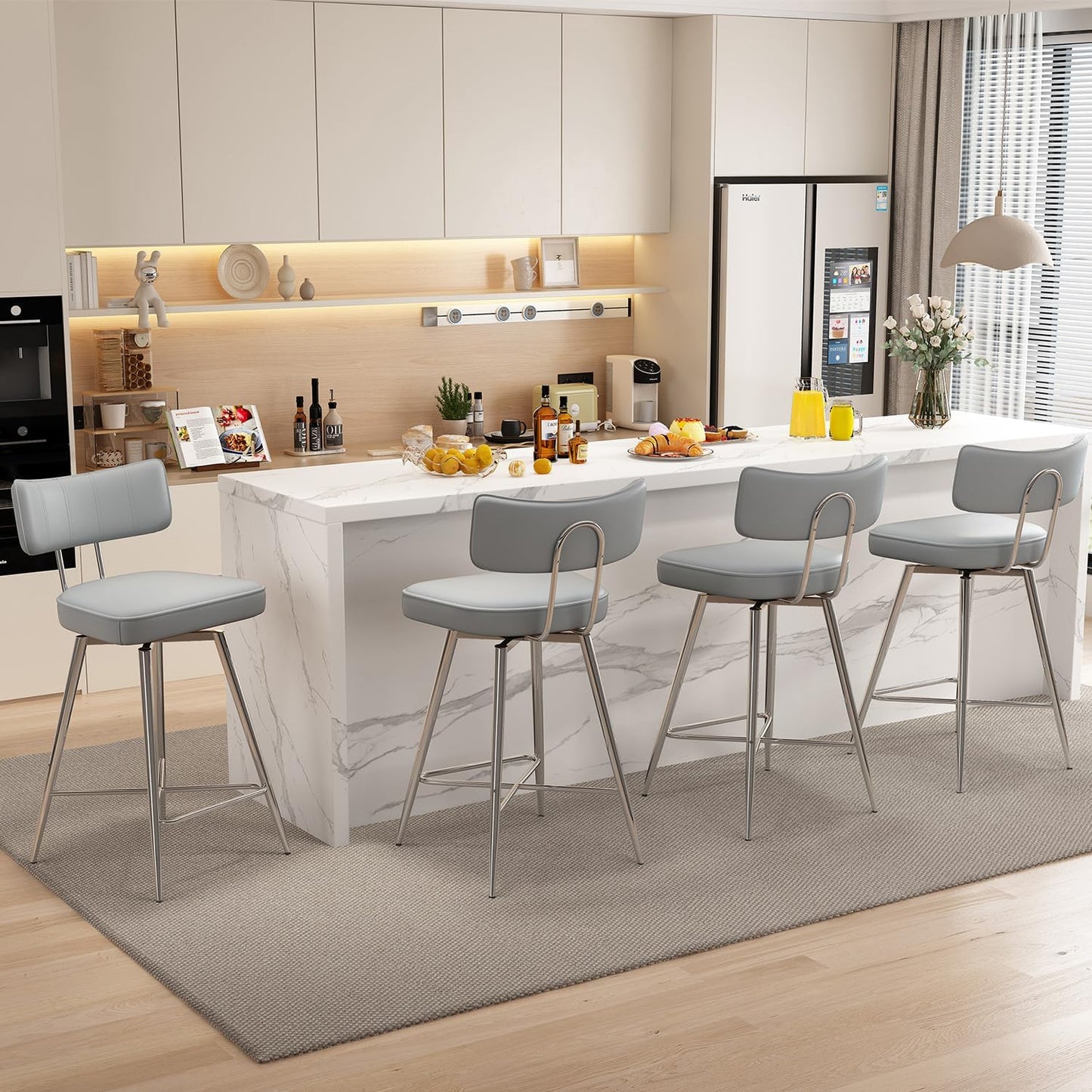 Set of 4 Gray Leather Swivel Bar Stools - Sleek Kitchen Upgrade!