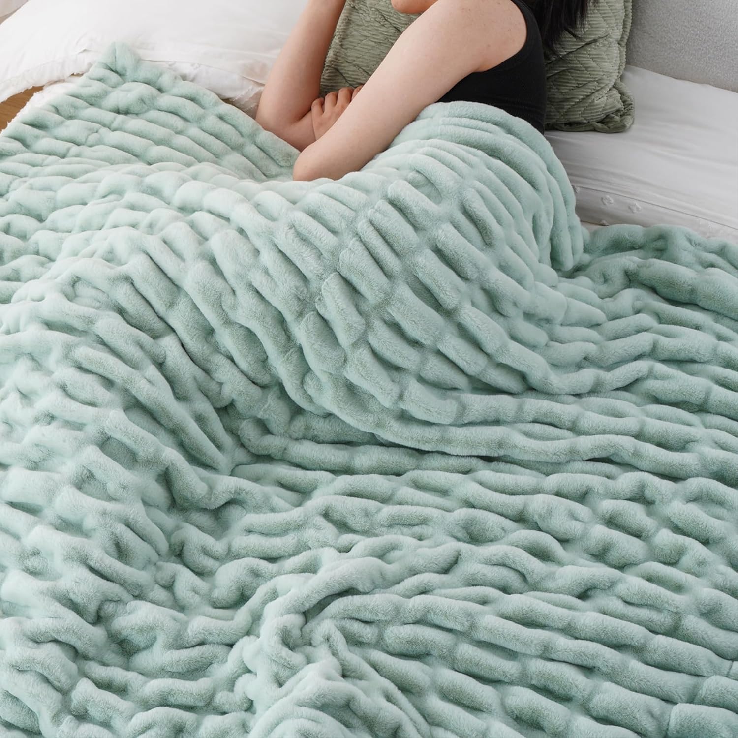 Sage Green Faux Fur Throw Blanket for Cozy Home Decor