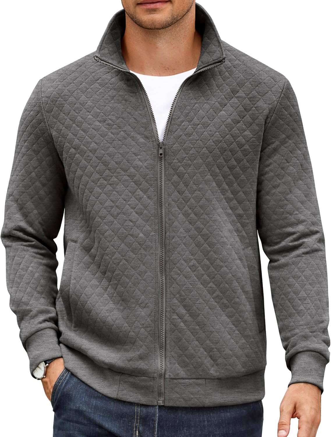 COOFANDY Mens Zip Up Sweatshirt Mock Neck Quilted Jacket Review