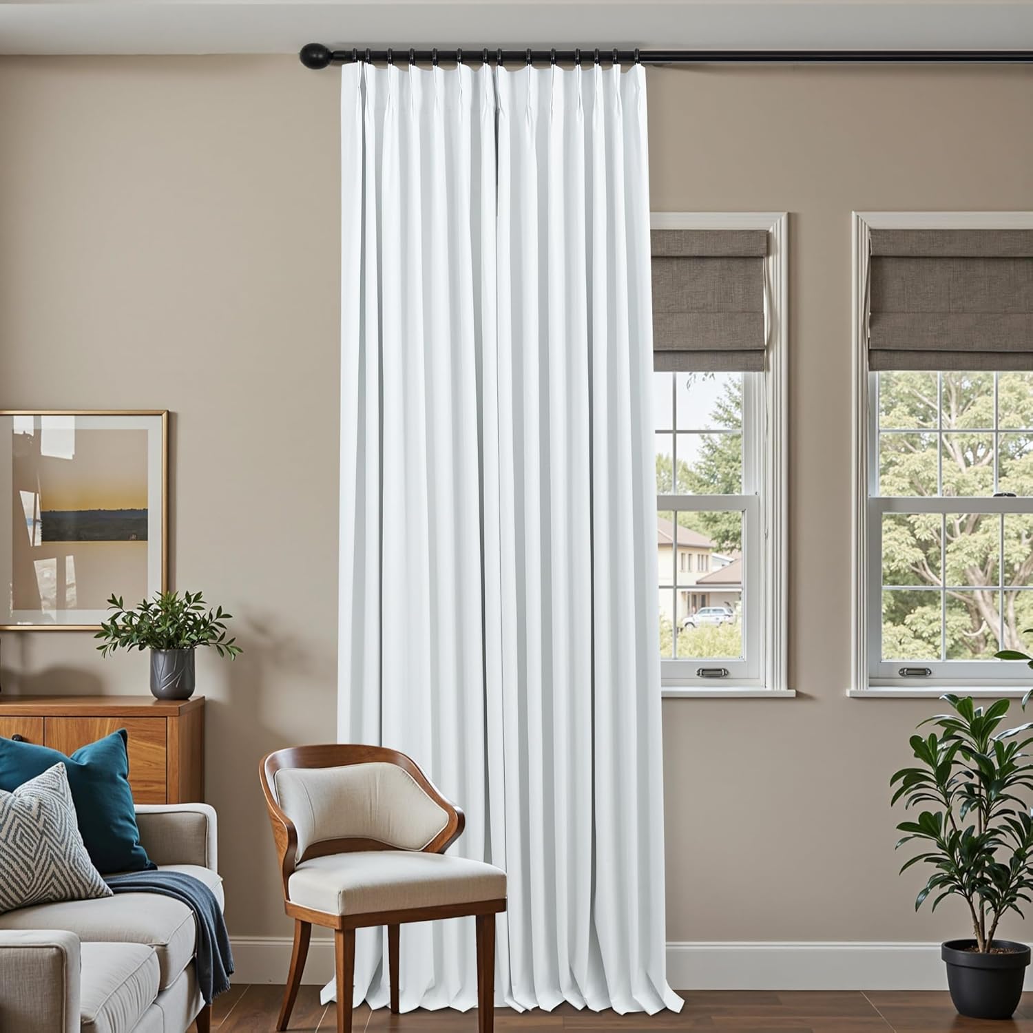 Mrs.Naturall White Pinch Pleated Linen Blackout Curtains 42x102