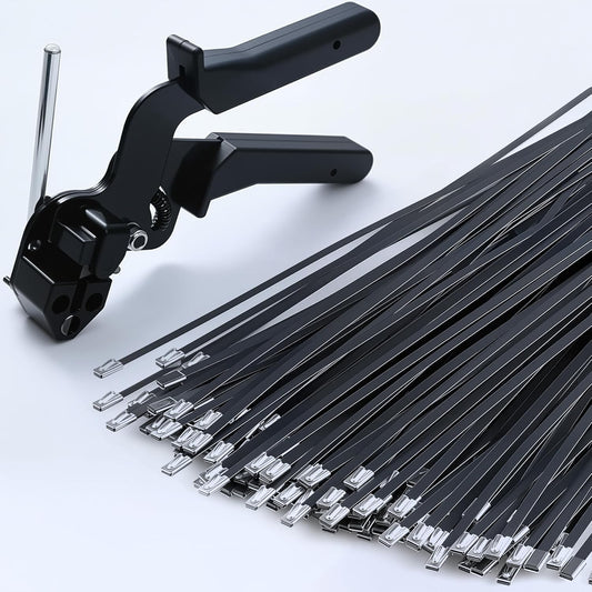 Black Metal Zip Ties with Stainless Steel Cable Tie Gun Set