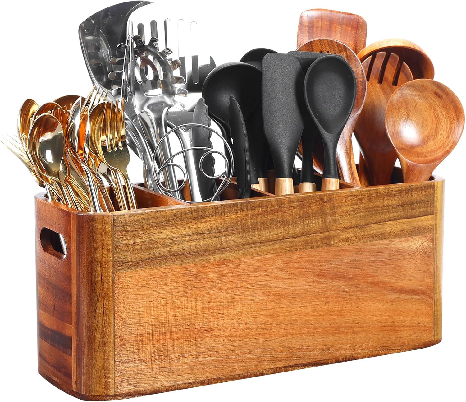 Extra Large Acacia Wood Kitchen Utensil Holder for Organization