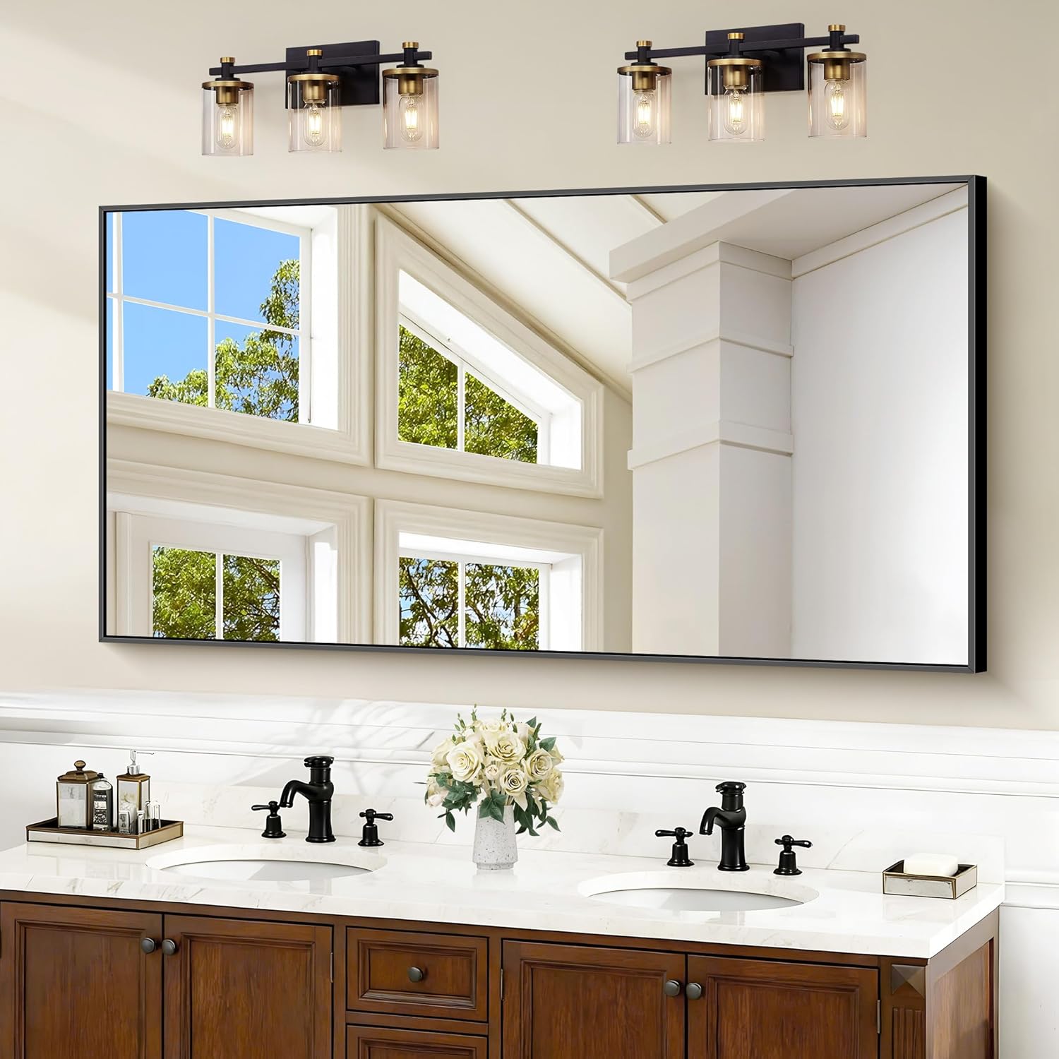 Black Bathroom Mirror for Wall, 55x30 Inch Rectangle Design