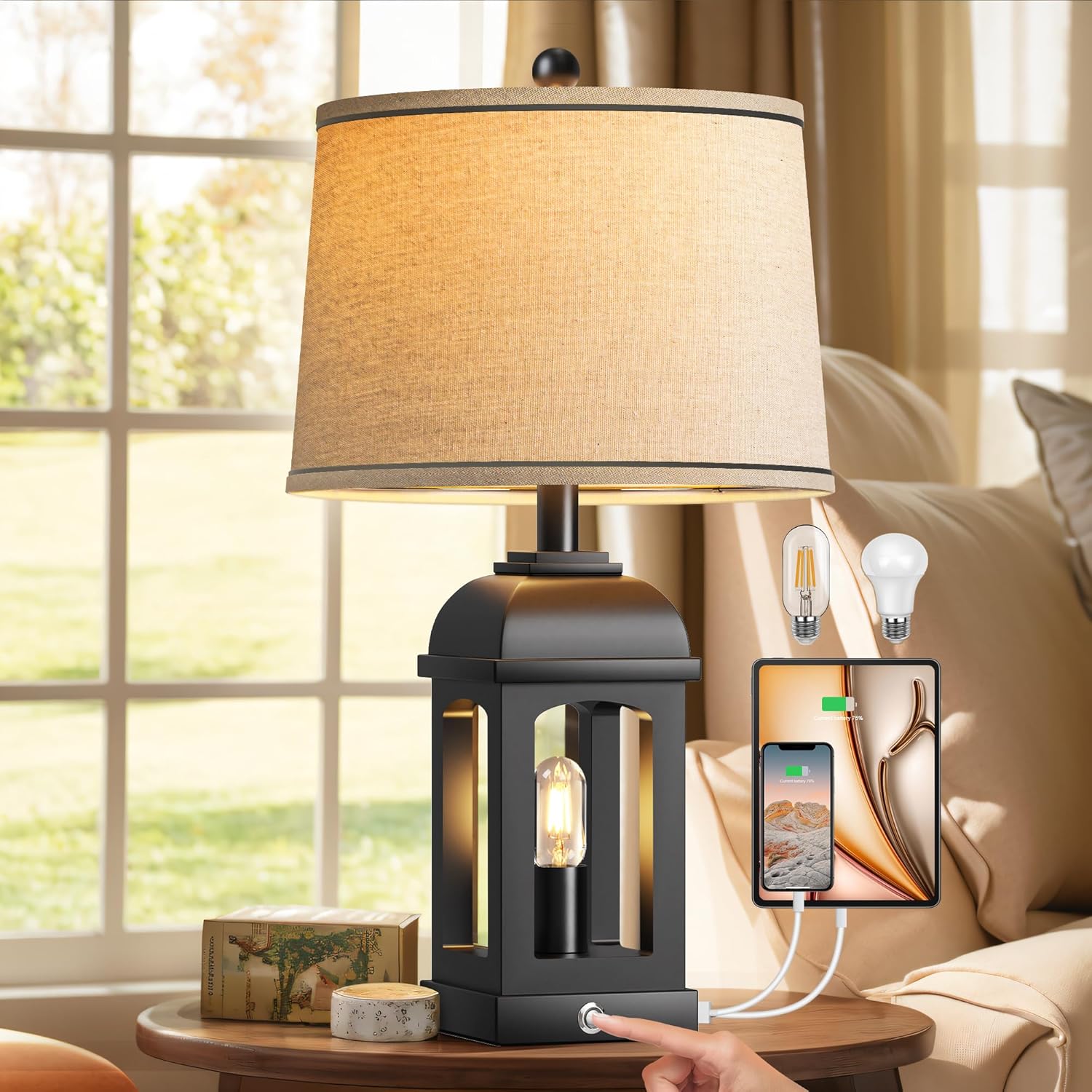 QiMH Rustic Table Lamp with USB Ports and Nightlight Feature