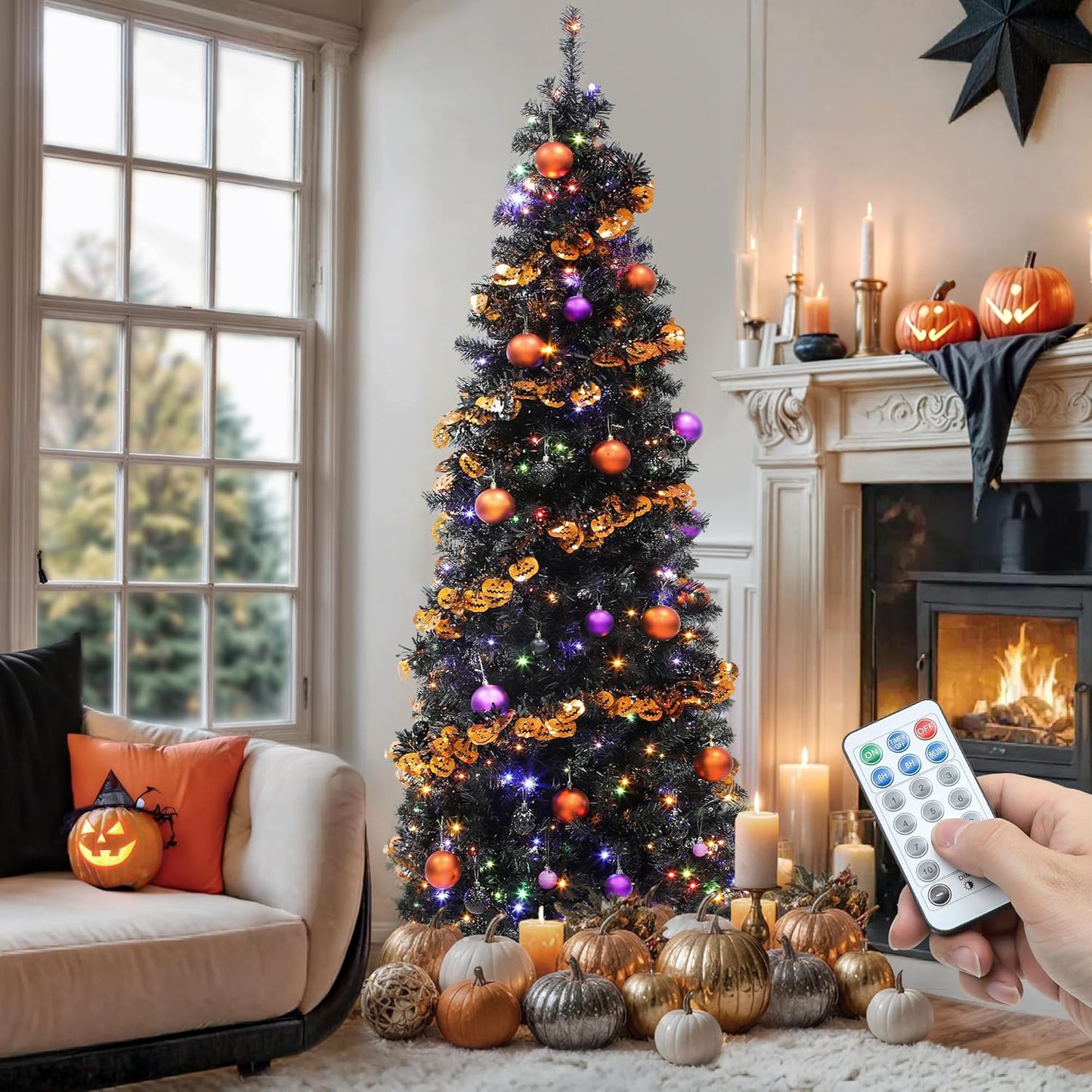 YITAHOME Pre-Lit Black Pencil Christmas Tree 7.5ft for Holidays