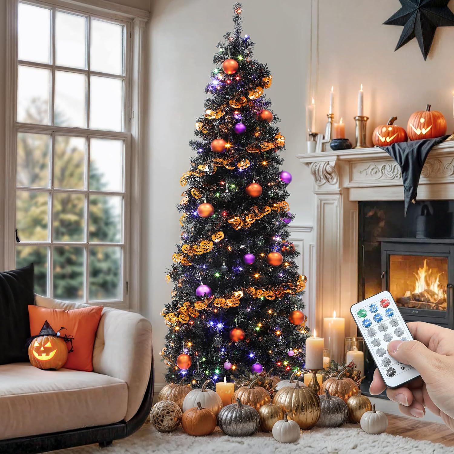 YITAHOME Pre-Lit Black Pencil Christmas Tree 7.5ft for Holidays