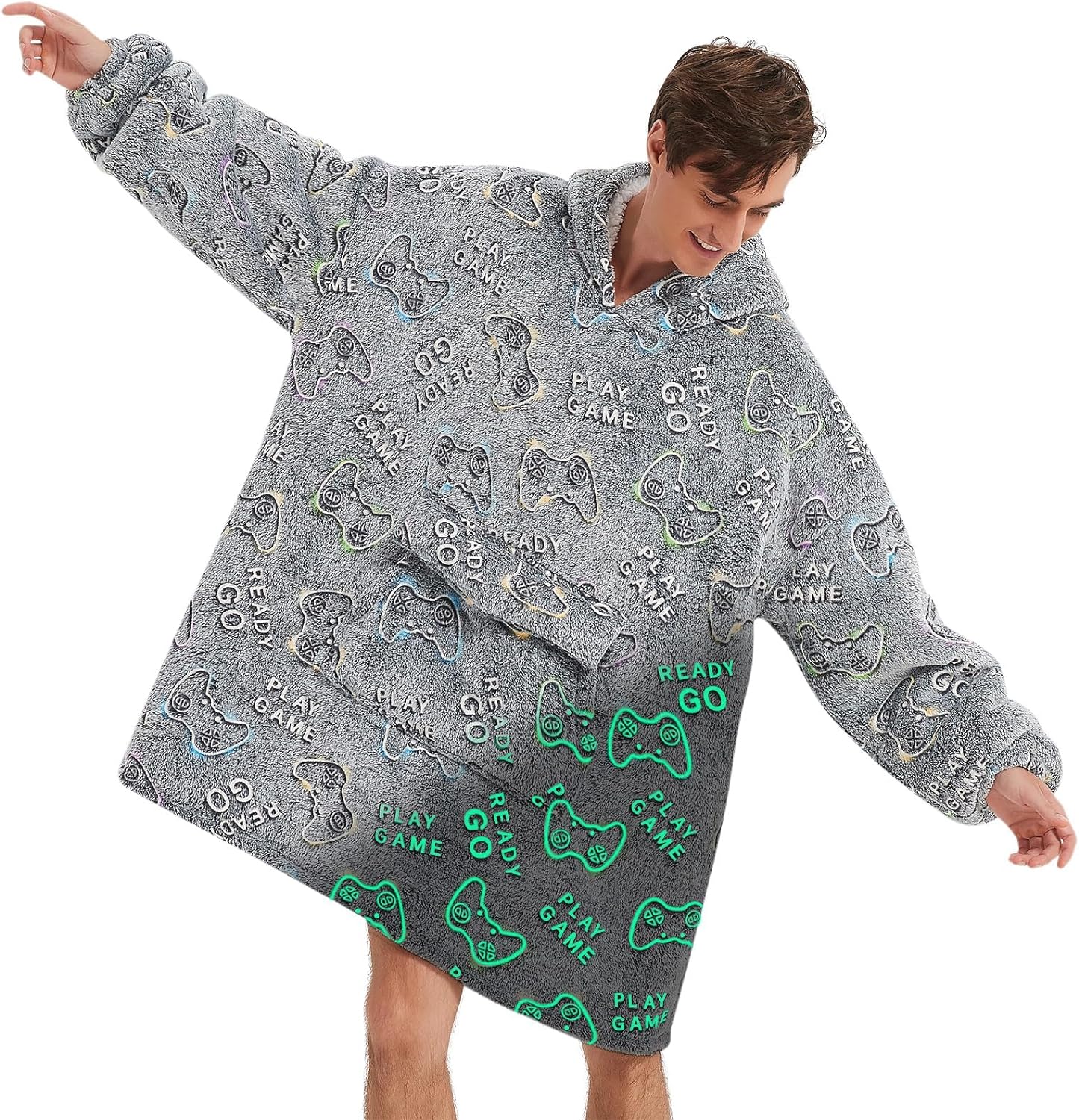 Glow in The Dark Game Controller Wearable Blanket Hoodie for Adults