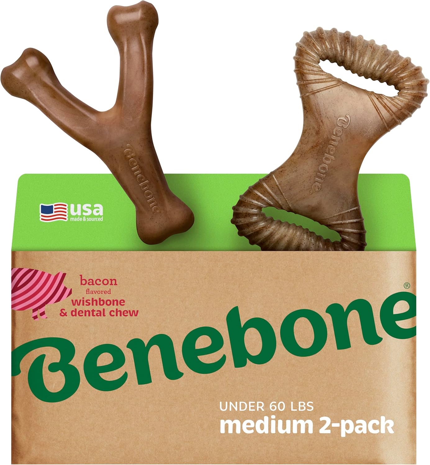 Benebone Bacon Chew Toys x2, USA Made, Medium