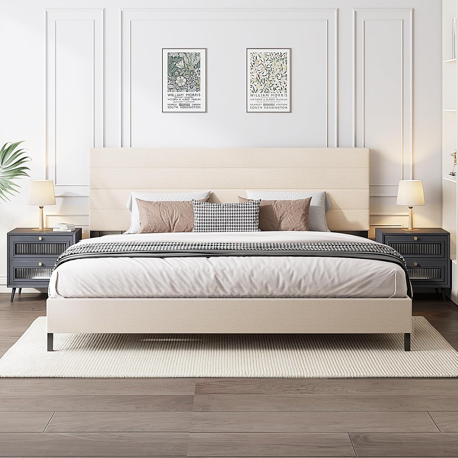 King Size Bed Frame with Adjustable Linen Headboard for Comfort