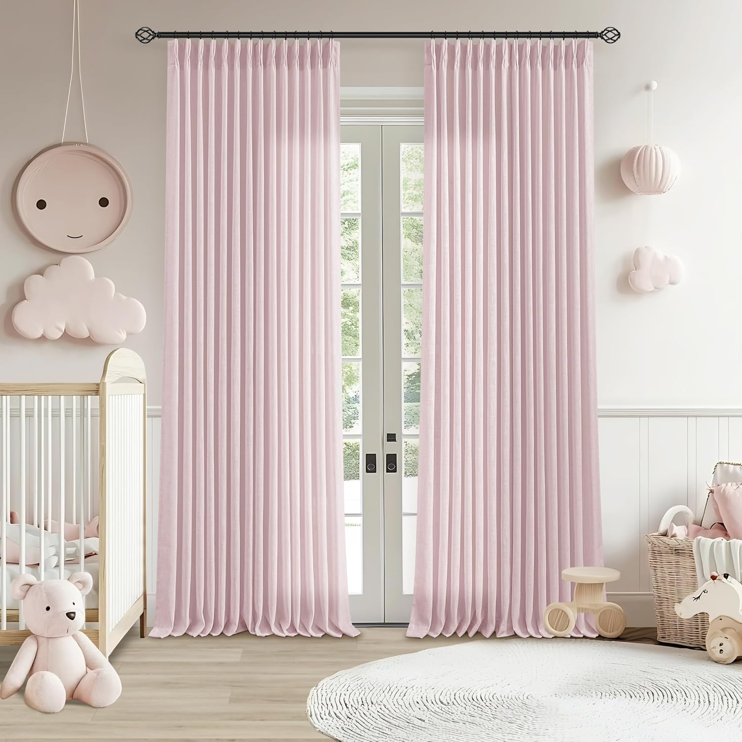 Pinch Pleated Pink Linen Curtains for Girls Bedroom 120 in Long