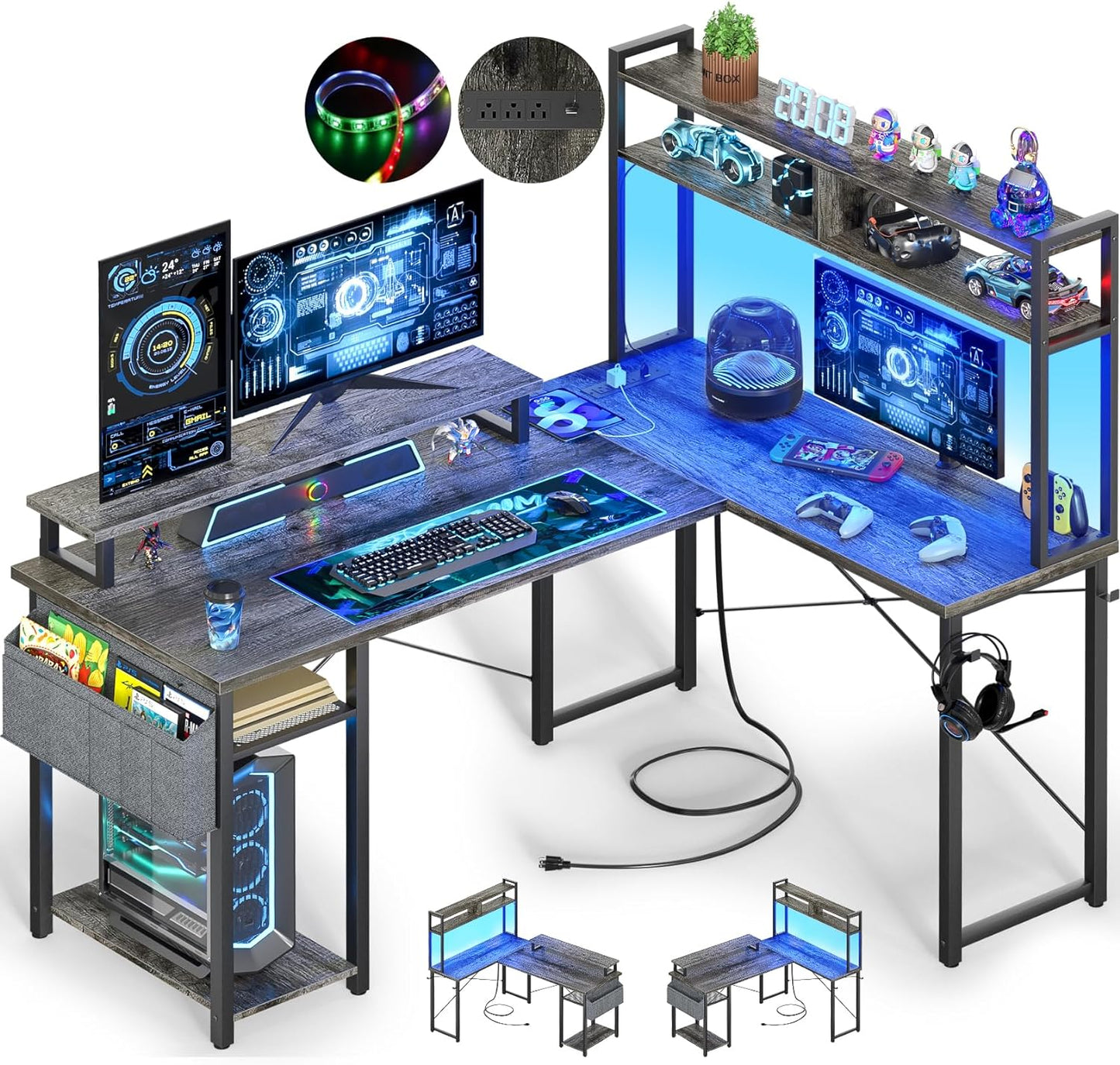 Compact L-Shaped Gamer Desk with Power Outlets & LED Lights