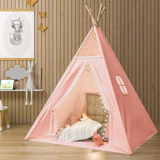 Foldable Pink Teepee Tent with Mat & Pockets - Kids Indoor Fun