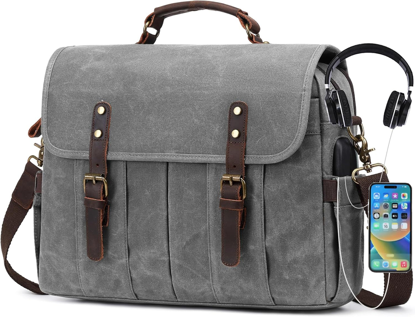 Vintage Canvas Messenger Bag for Men with Genuine Leather