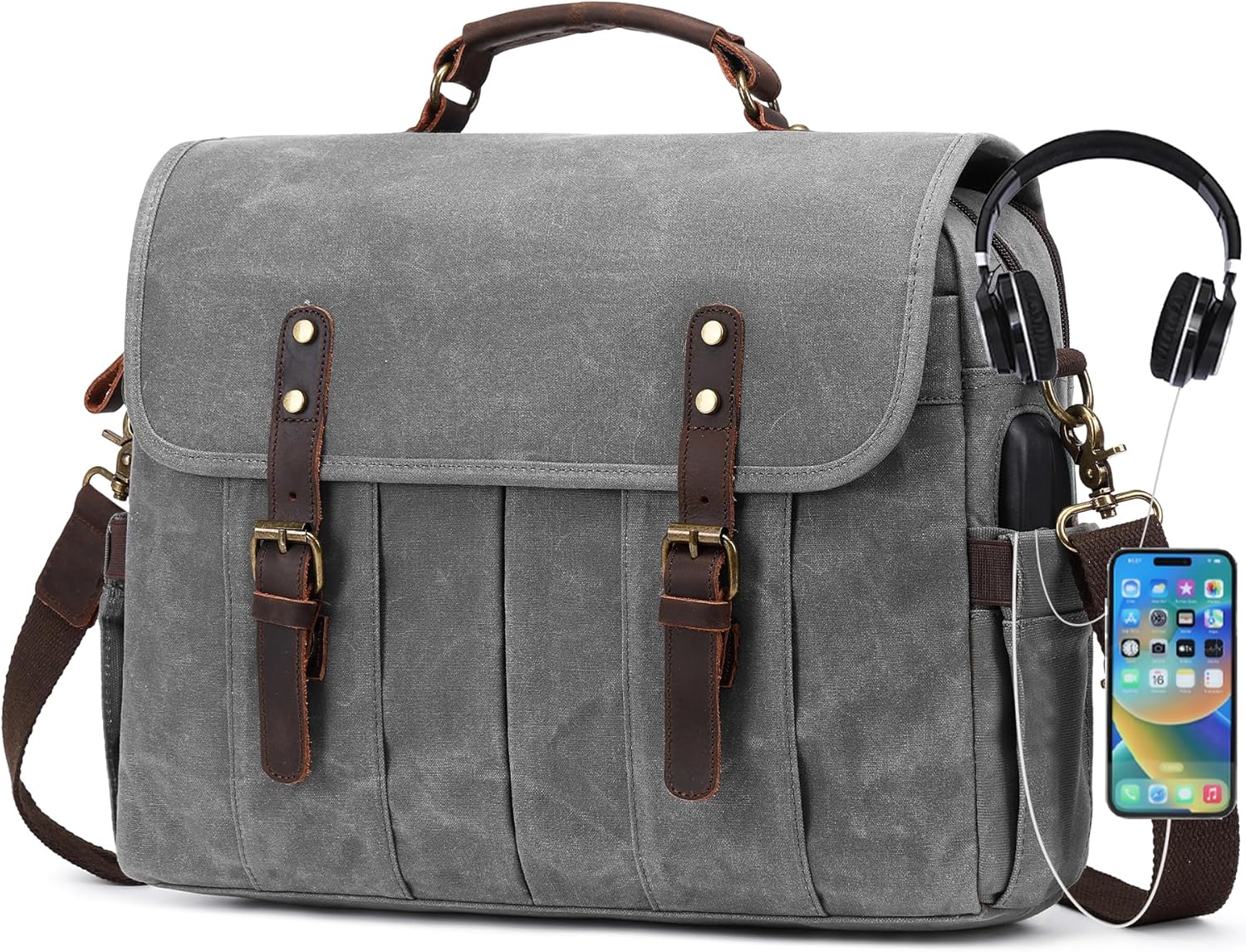 Vintage Canvas Messenger Bag for Men with Genuine Leather