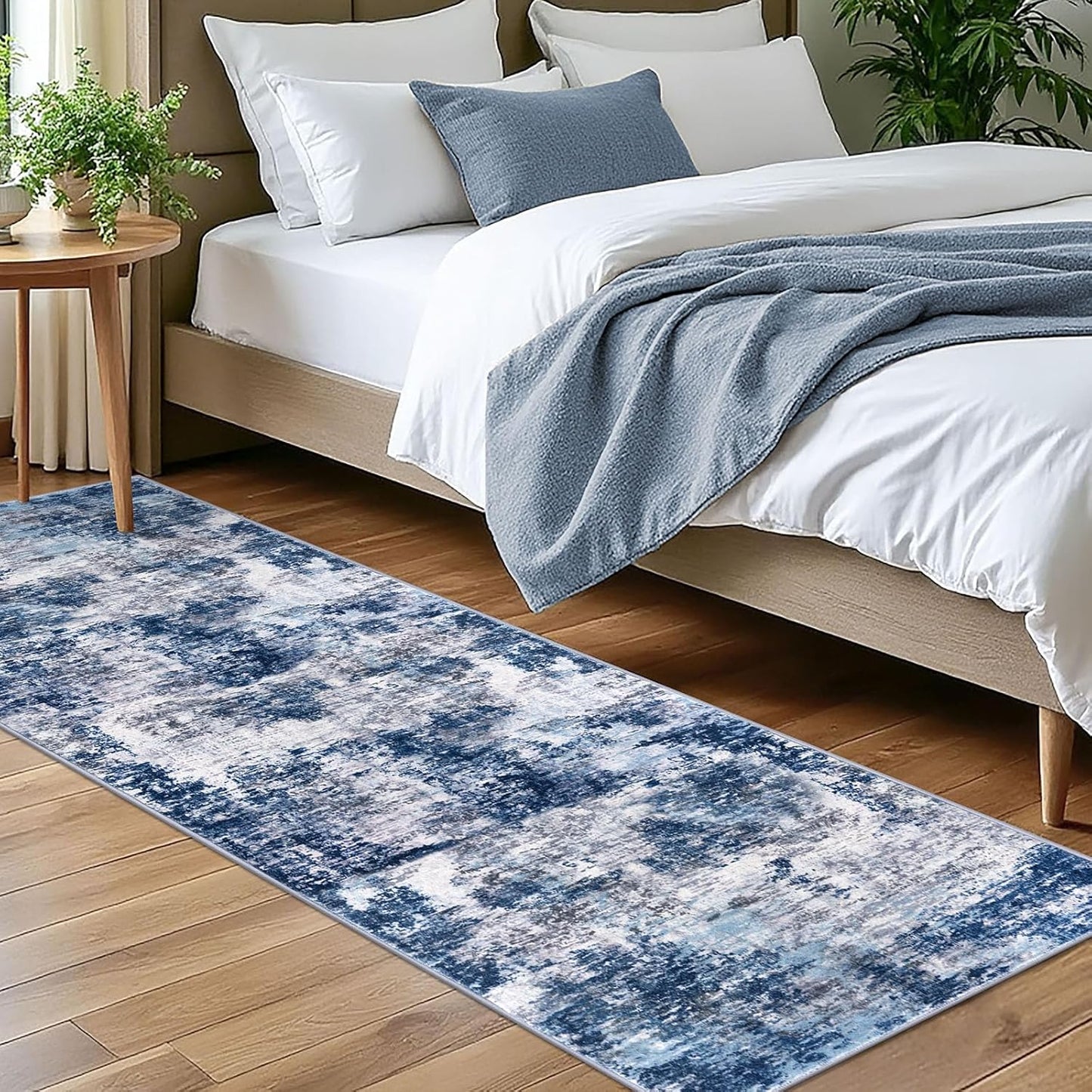 Modern Abstract Runner Rug for Bedroom 2x7, Grey Navy Blue