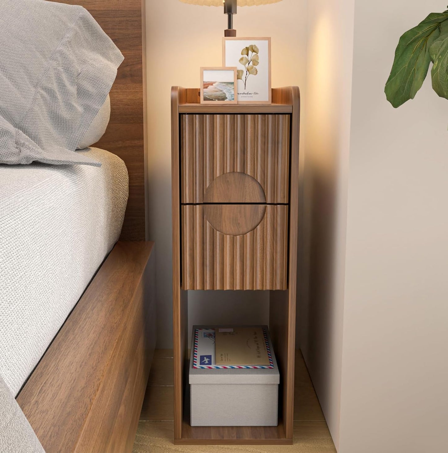 Narrow Fluted Nightstand with 2 Drawers for Bedroom Storage