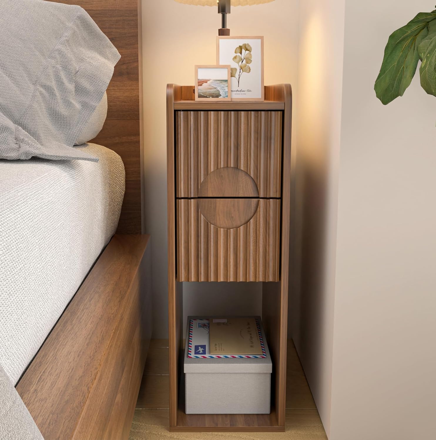 Narrow Fluted Nightstand with 2 Drawers for Bedroom Storage