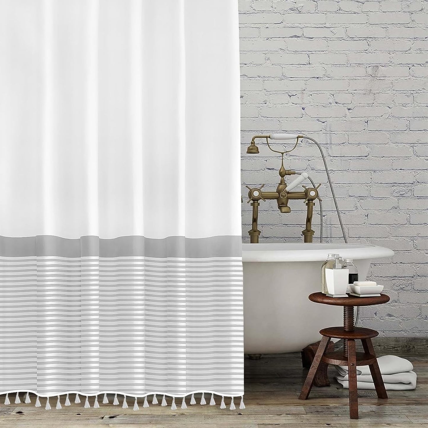Extra Long Gray Striped Shower Curtain with Tassels - Seasonwood