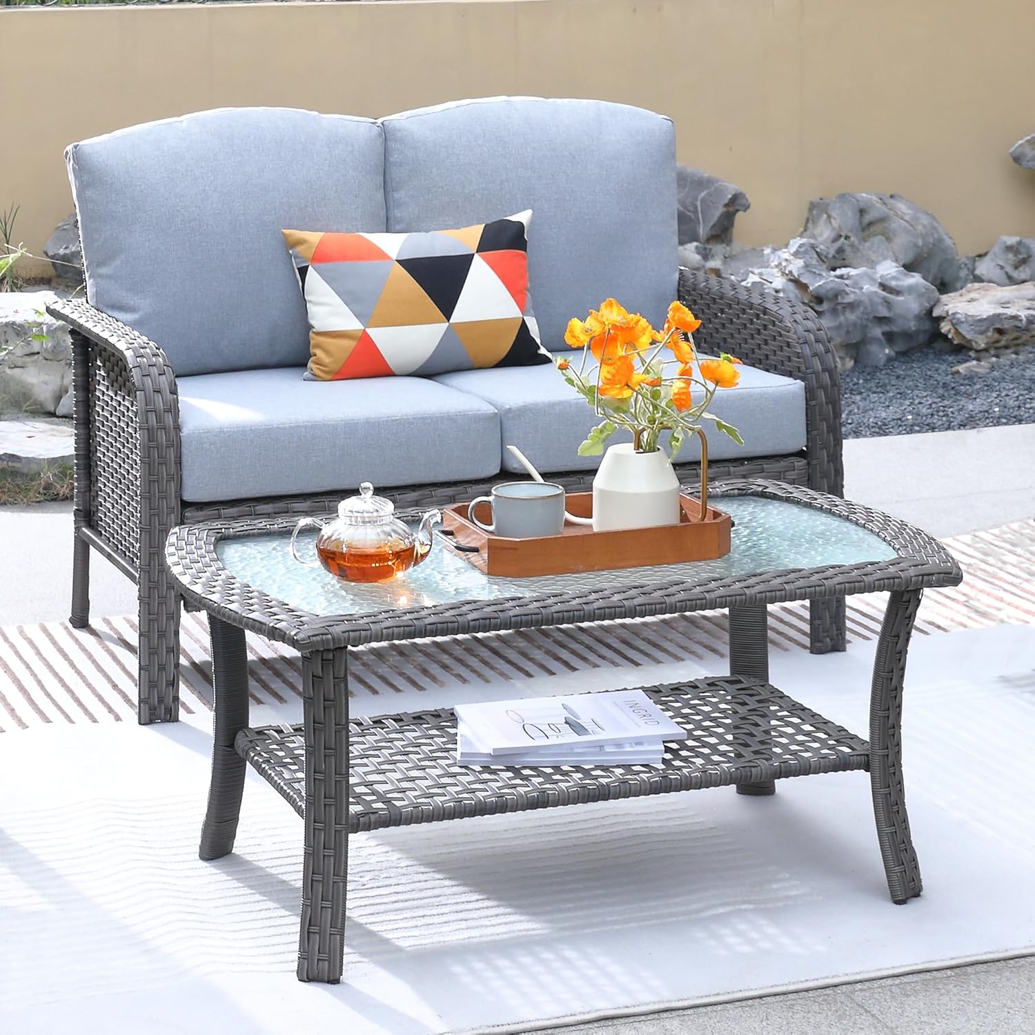 ovios Outdoor Wicker Sofa Set with Glass Coffee Table for Comfort