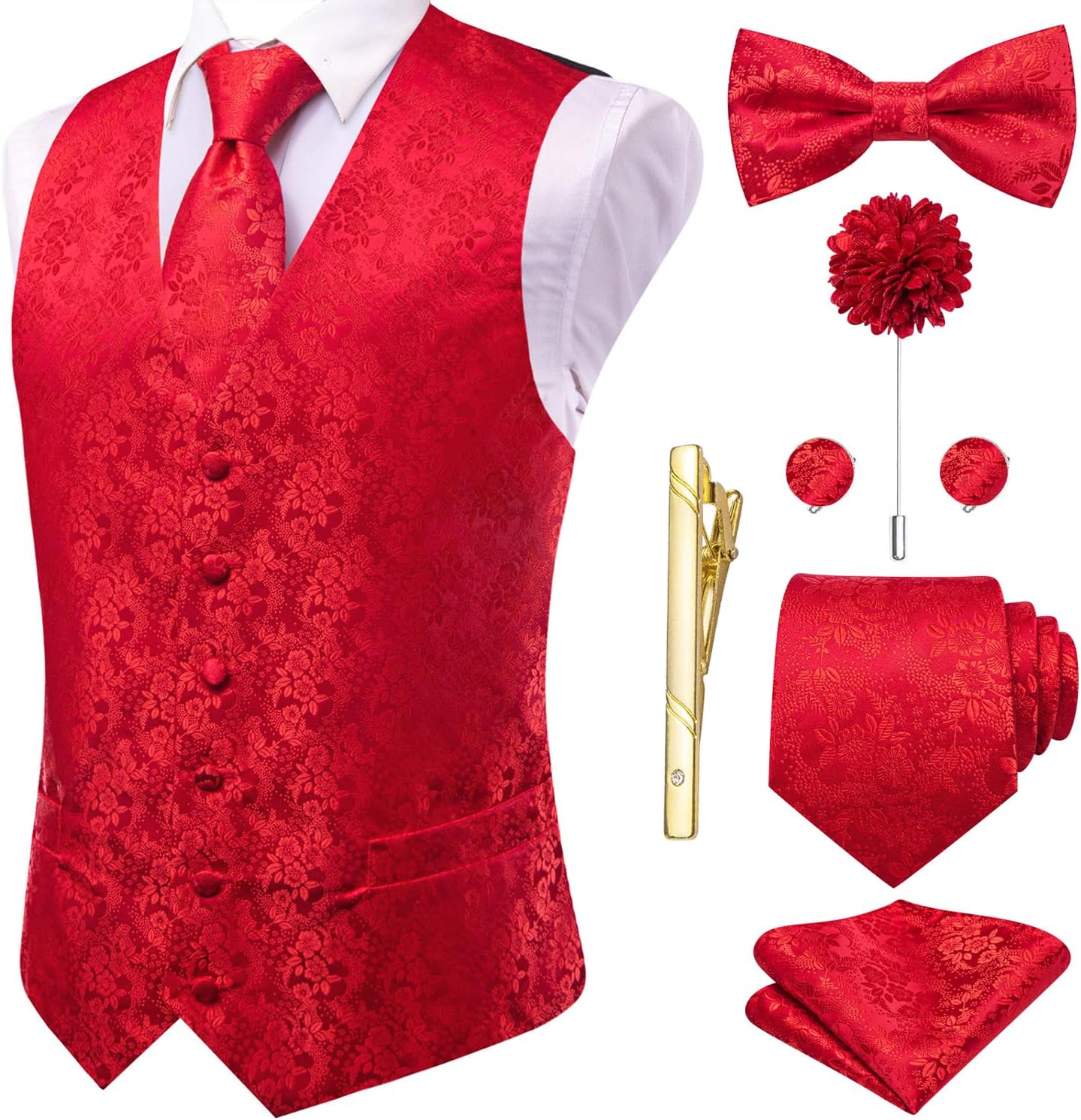 Hi-Tie Silk Mens Suit Vest Set with Tie and Bowtie for Weddings