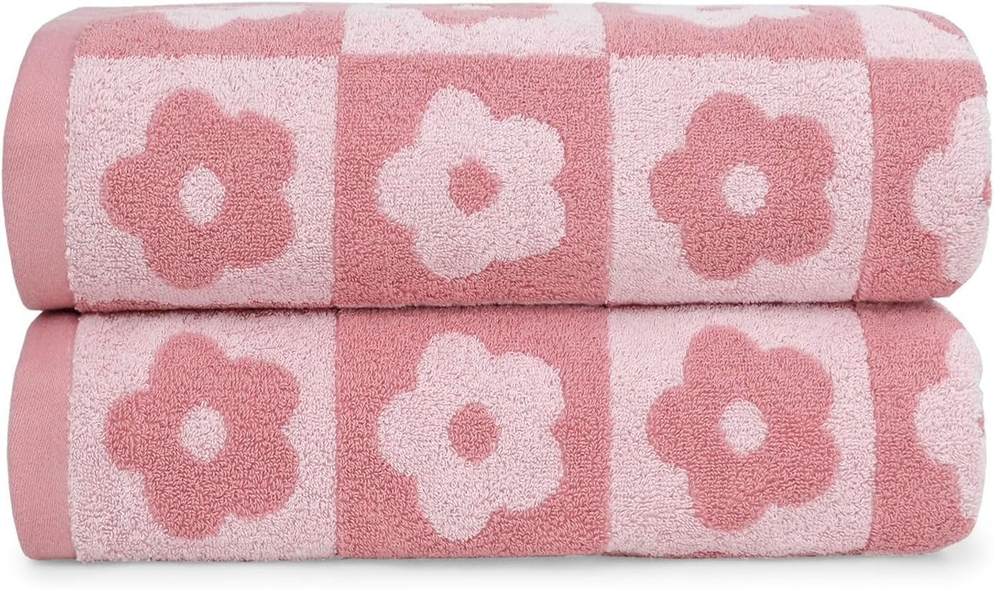 Luxury Bath Towels Set of 2, Checkered Floral Design for Women