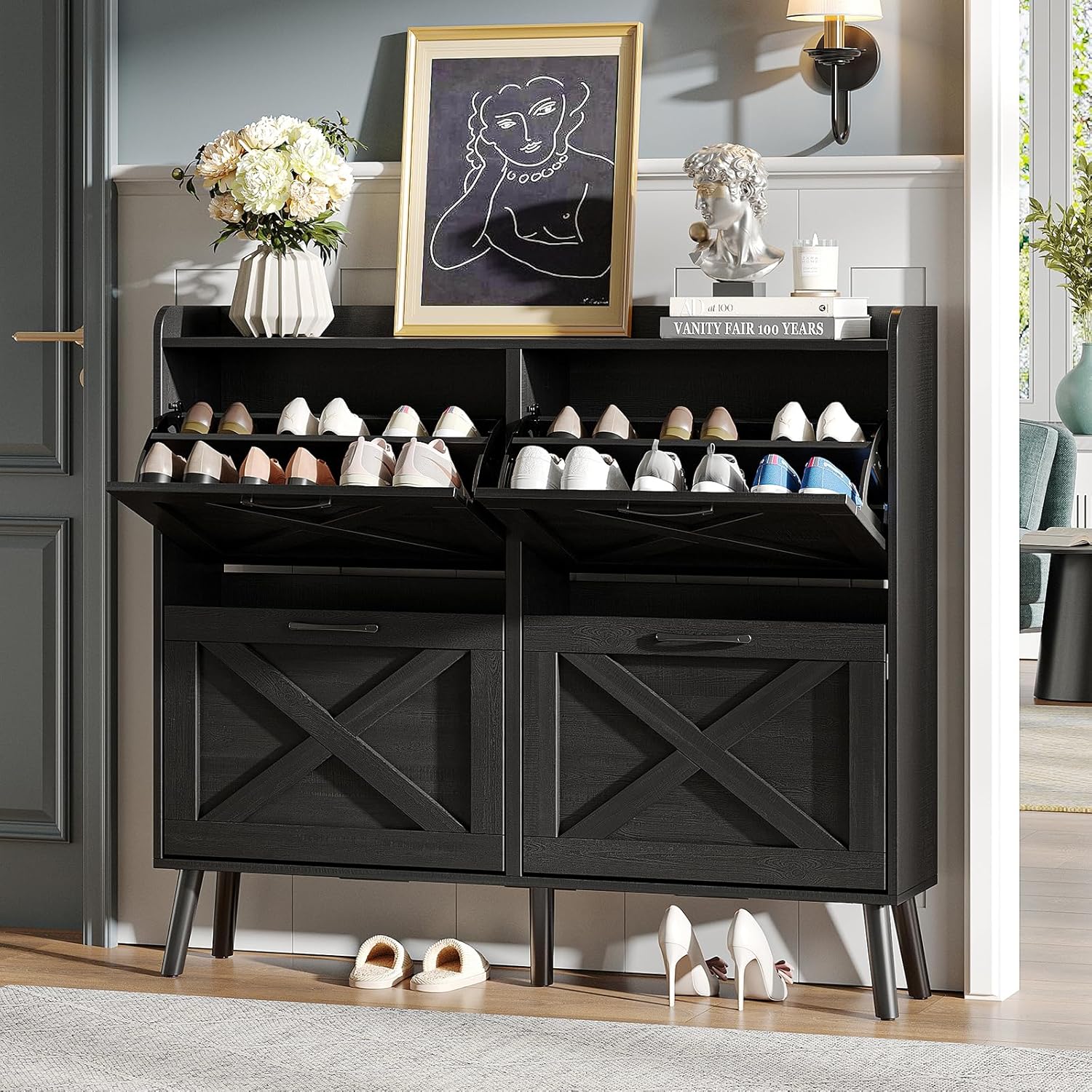 Maupvit Large Shoe Storage Cabinet with 4 Flip Drawers for Entryway