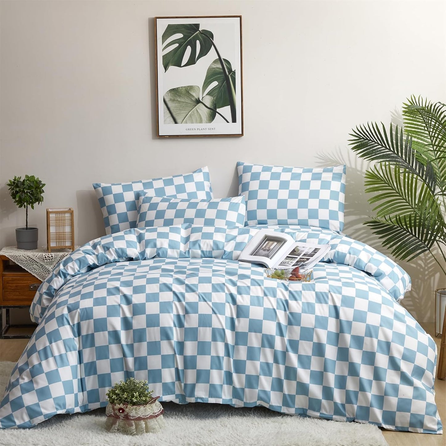 CLOTHKNOW Blue White Plaid Queen Comforter Set for All Seasons