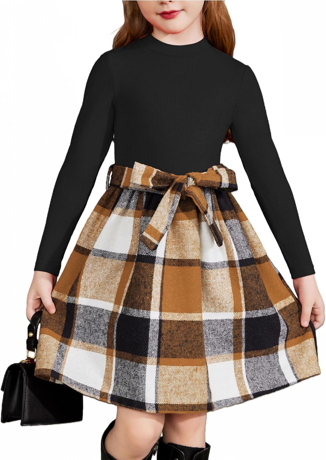 Arshiner Girls Dresses Long Sleeve Knit Plaid Dress with Pockets