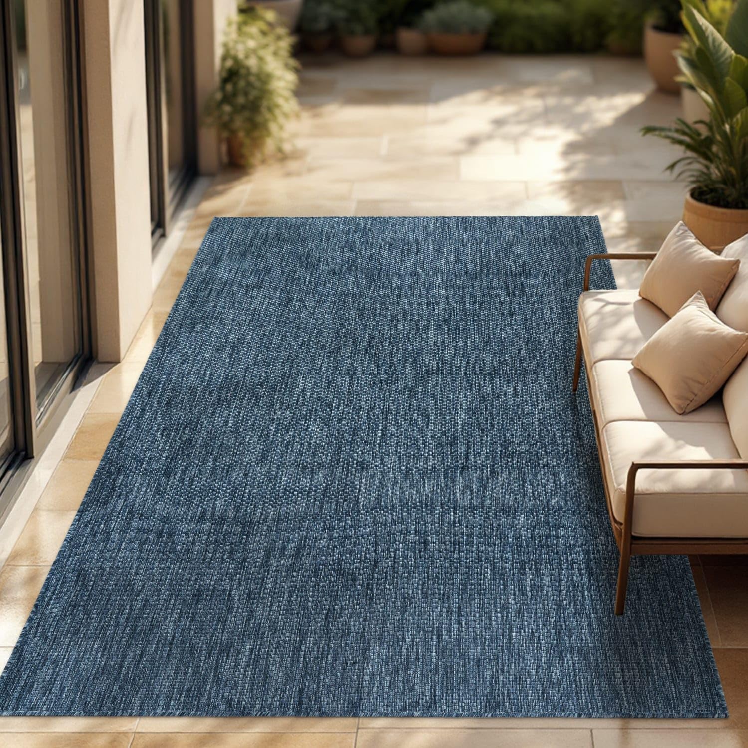 Flatweave Outdoor Rug for Patio or Balcony in Mottled Blue