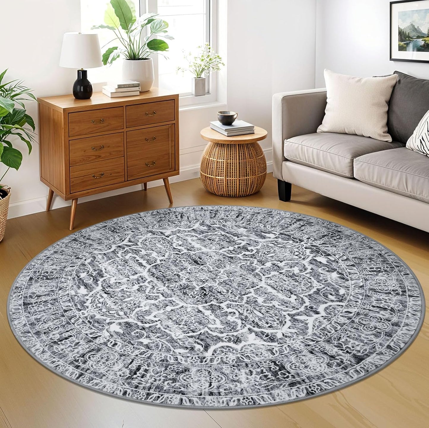 KUTA Round Rugs 6ft Grey White Circle Rug for Living Spaces