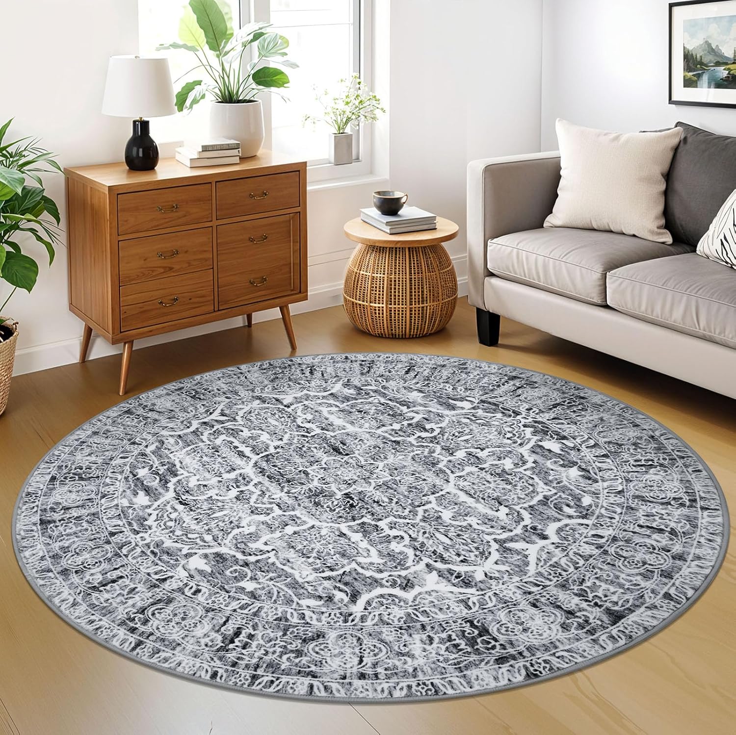 KUTA Round Rugs 6ft Grey White Circle Rug for Living Spaces