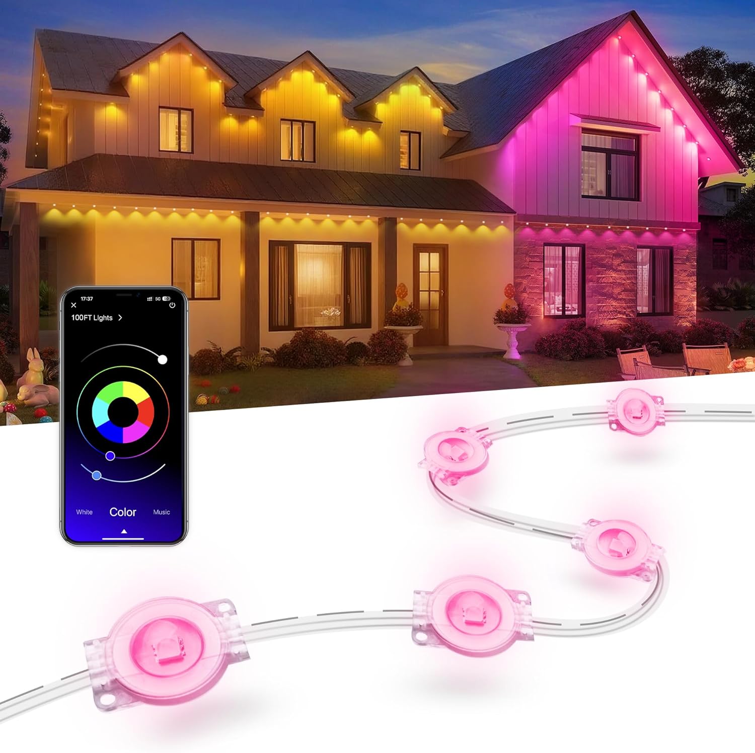 Nexillumi Permanent Outdoor Lights: 100ft Smart RGB LED Decor