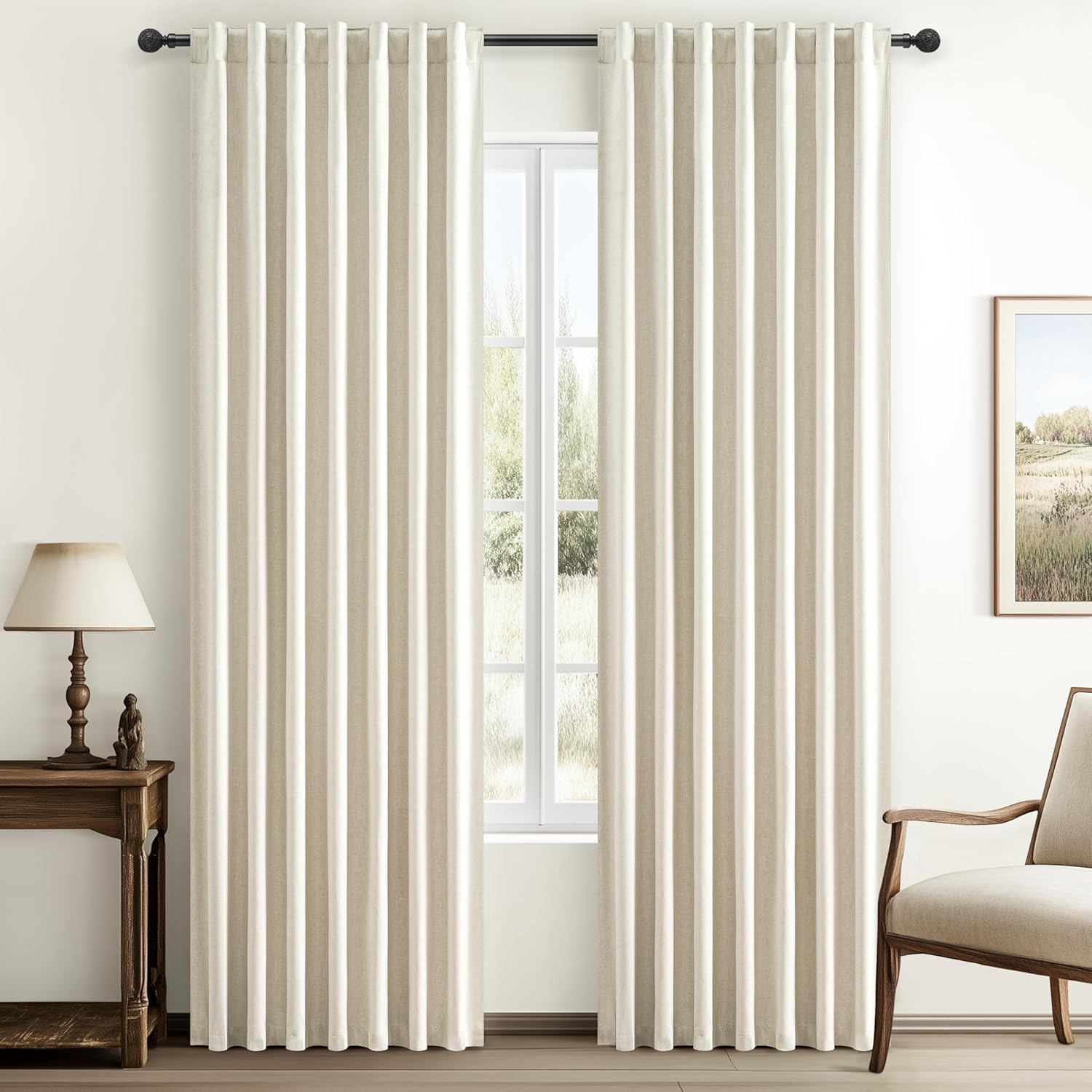 Warm Cream Thick Linen Black Out Curtains for Living Room