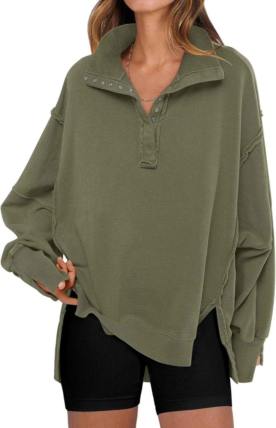 Oversized Casual Button Up Henley Pullover Top for Women