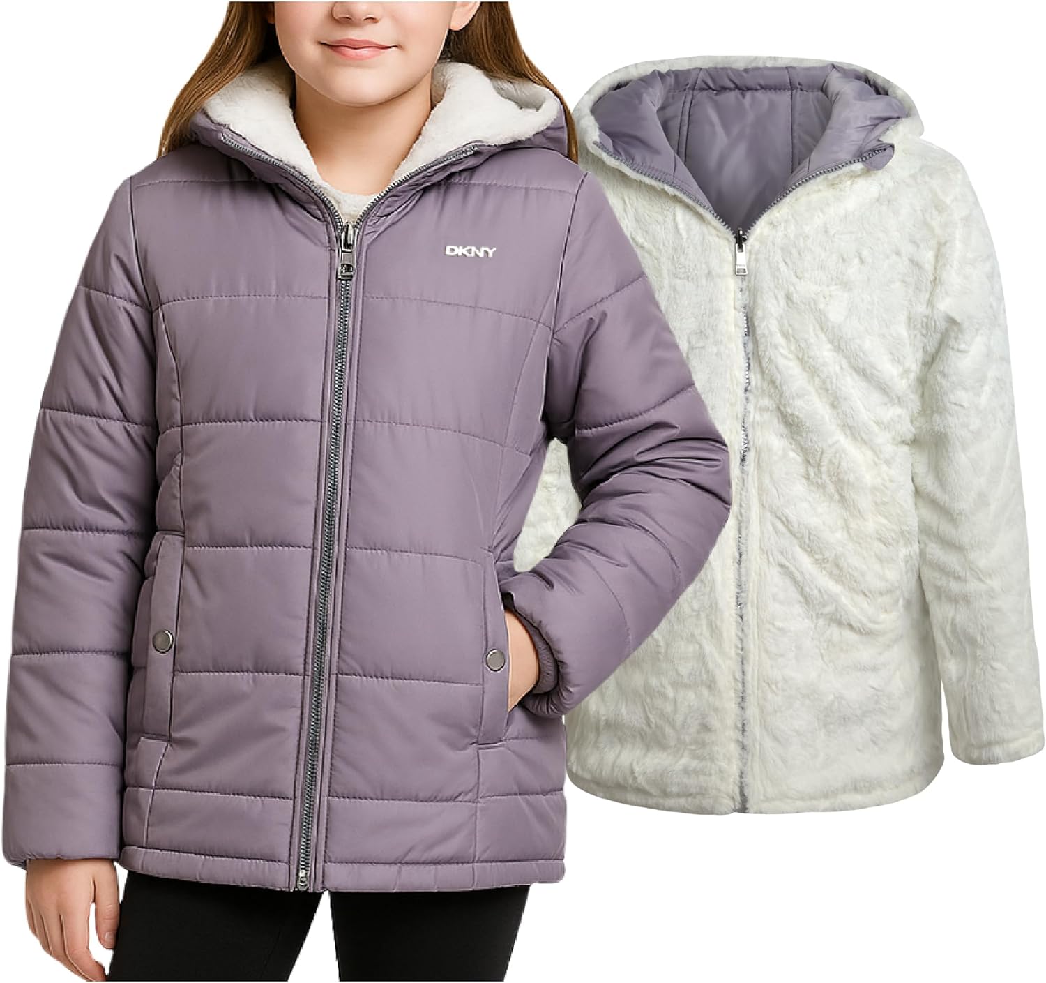 DKNY Reversible Girls Winter Coat - Cozy Quilted Puffer Jacket