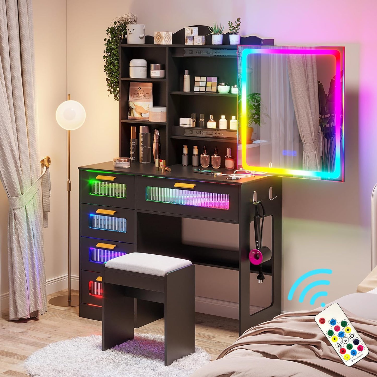 HNEBC Vanity Desk with Sliding Mirror and LED Lights for Makeup
