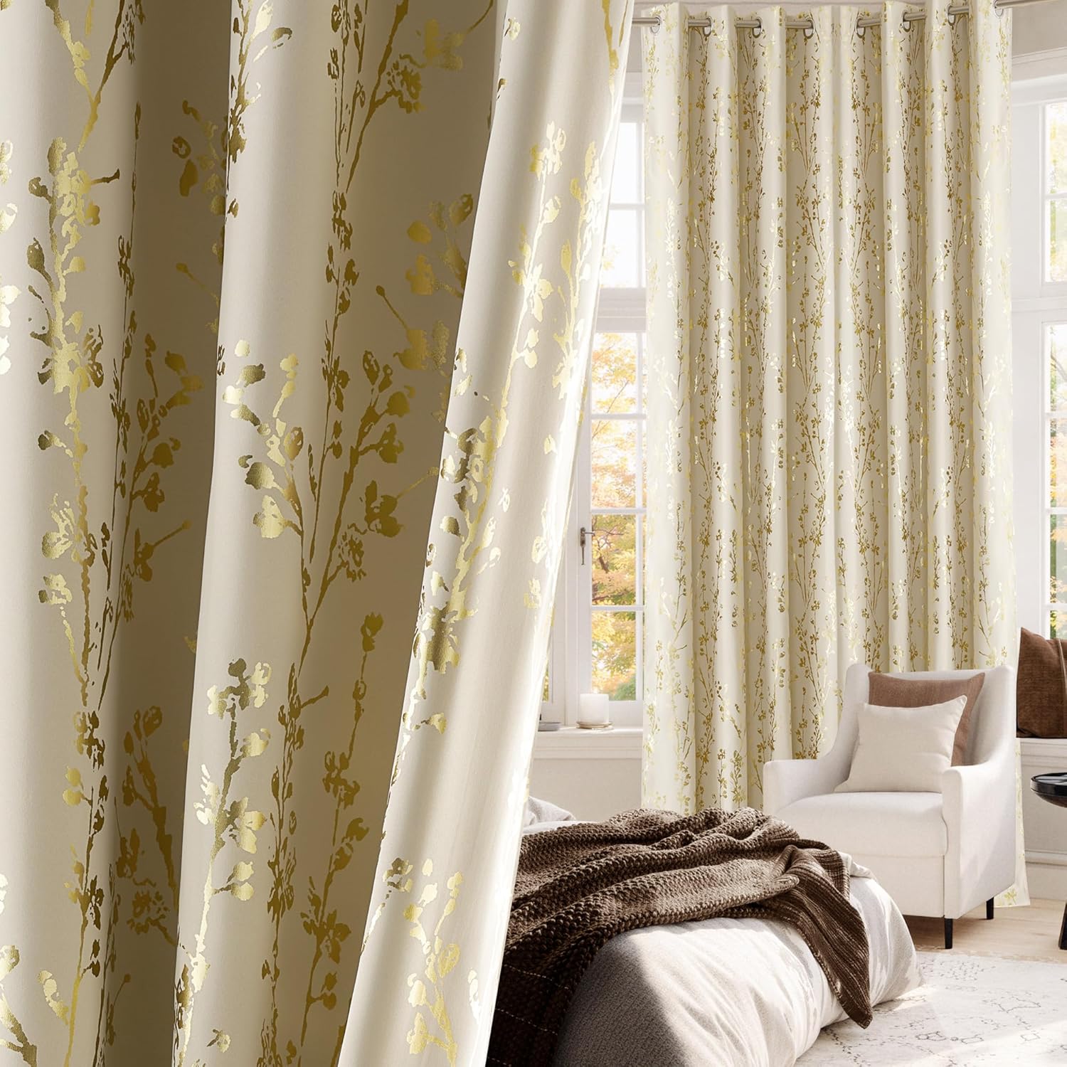 100% Blackout Floral Beige Curtains for Bedroom and Living Room