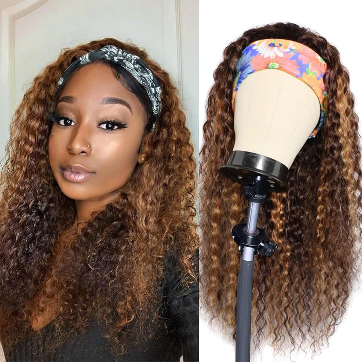 Headband Wig Human Hair Deep Wave 14 Inch for Black Women