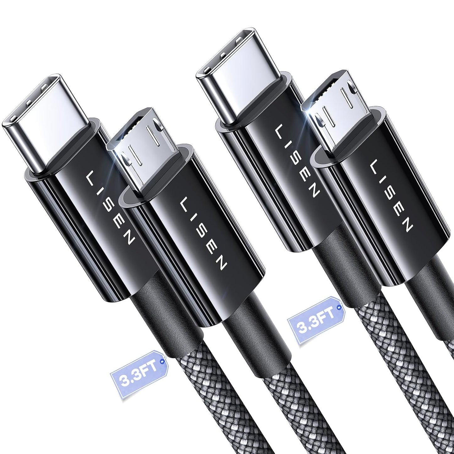 LISEN 2-Pack 3.3FT Nylon Braided USB C to Micro USB Cable - Fast Charging!