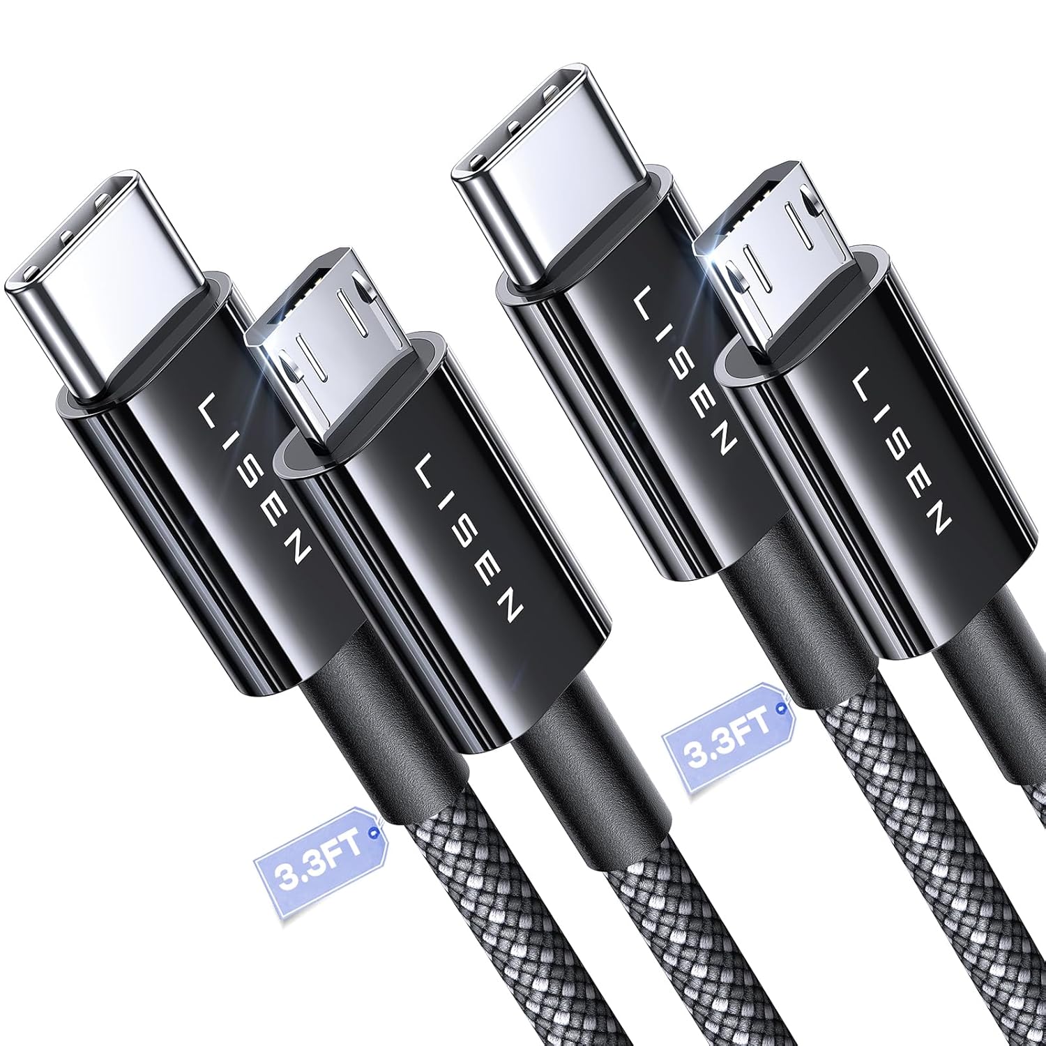 LISEN 2-Pack 3.3FT Nylon Braided USB C to Micro USB Cable - Fast Charging!
