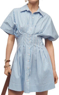 Women Button Front Pleated Shirt Dress - Casual Summer Mini