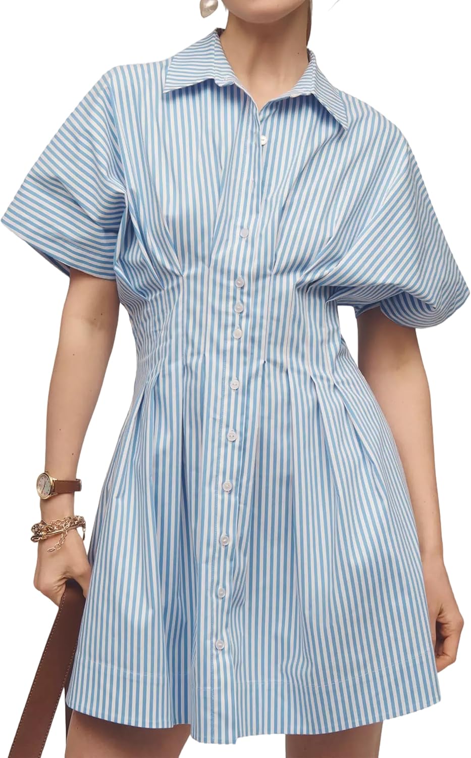 Women Button Front Pleated Shirt Dress for Summer Casual Style