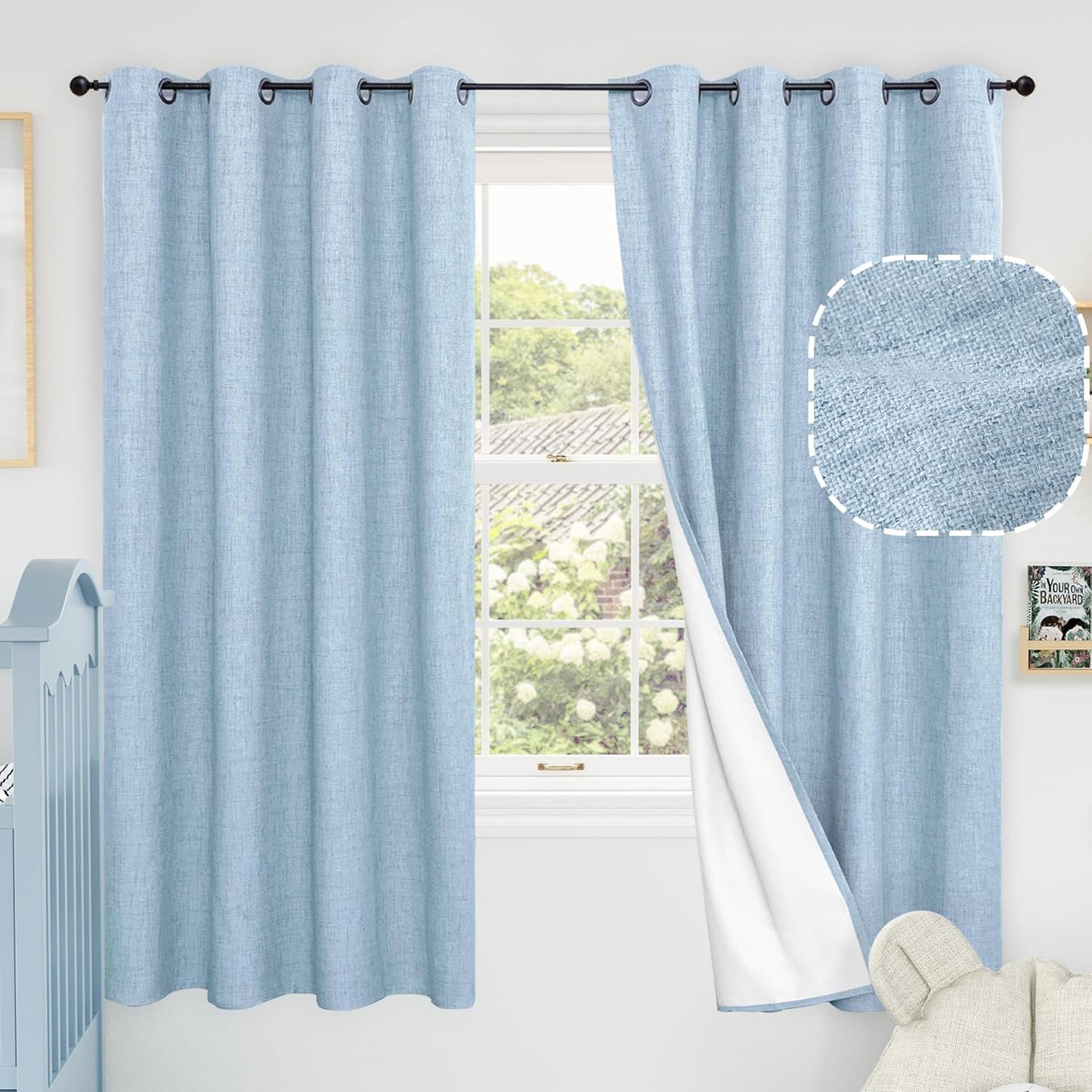 Baby Blue Linen Blackout Curtains for Nursery - 63 Inch Panels
